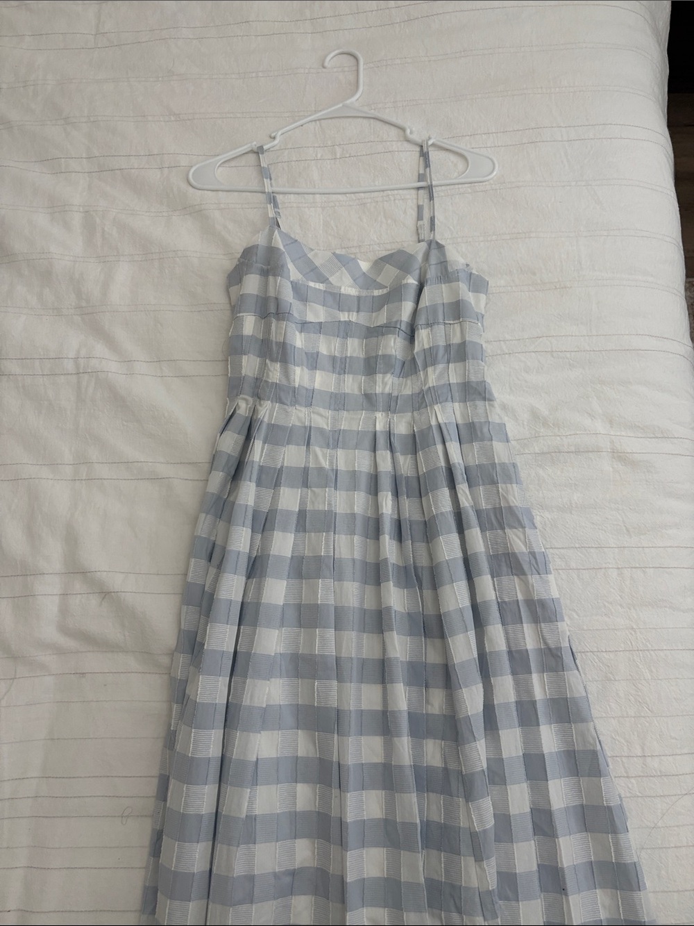Caroline Constas Blue White Checkered Gingham Plaid Cotton Pleated Maxi SunDress - Picture 3 of 4